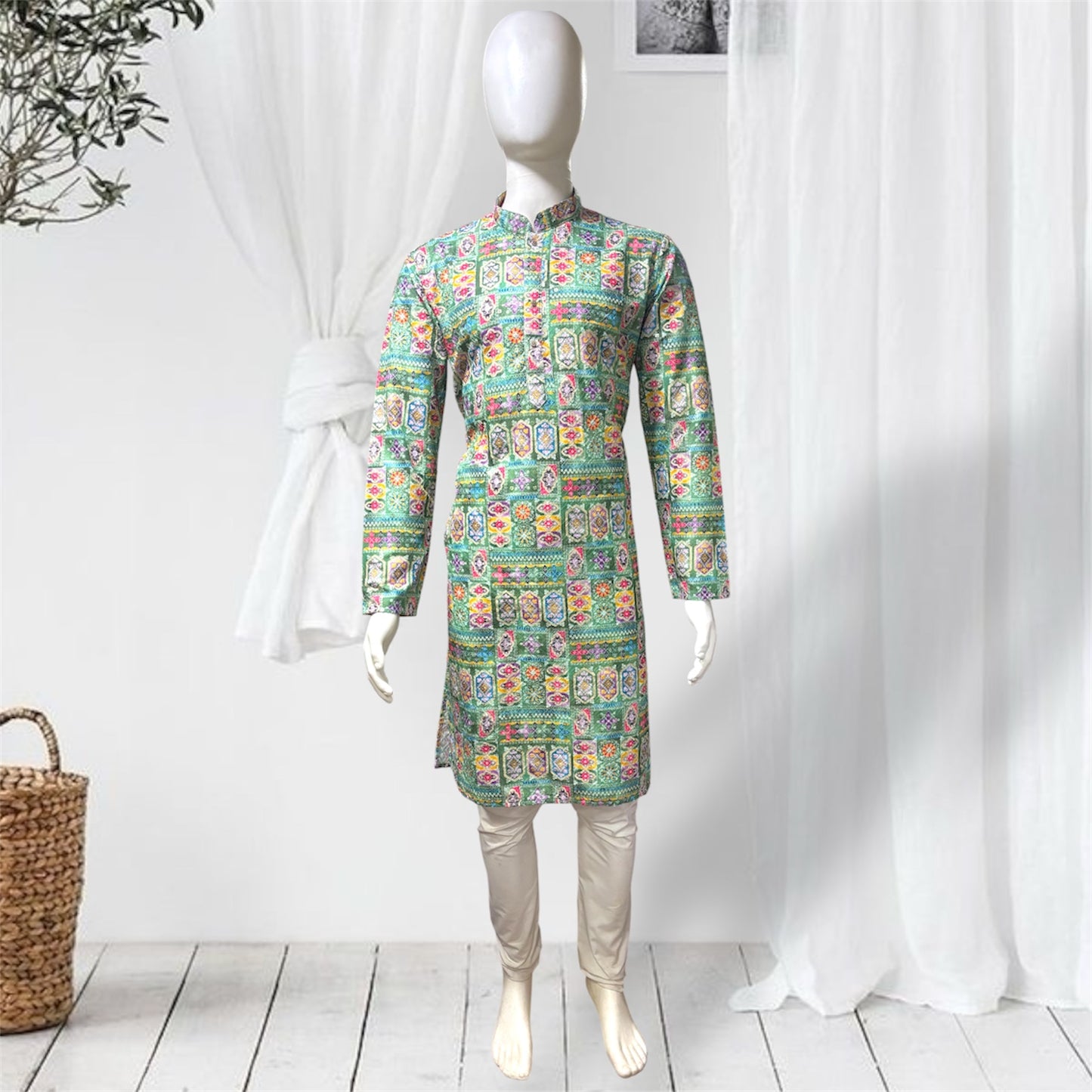 "Dheeraj" Premium digital printed kurta with thread and sequins work.