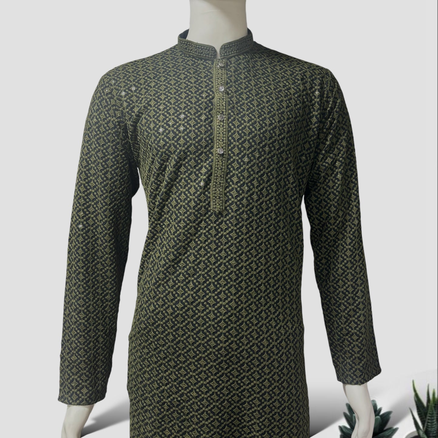 "Jairaj" Premium black rayon kurta with contrast thread work.