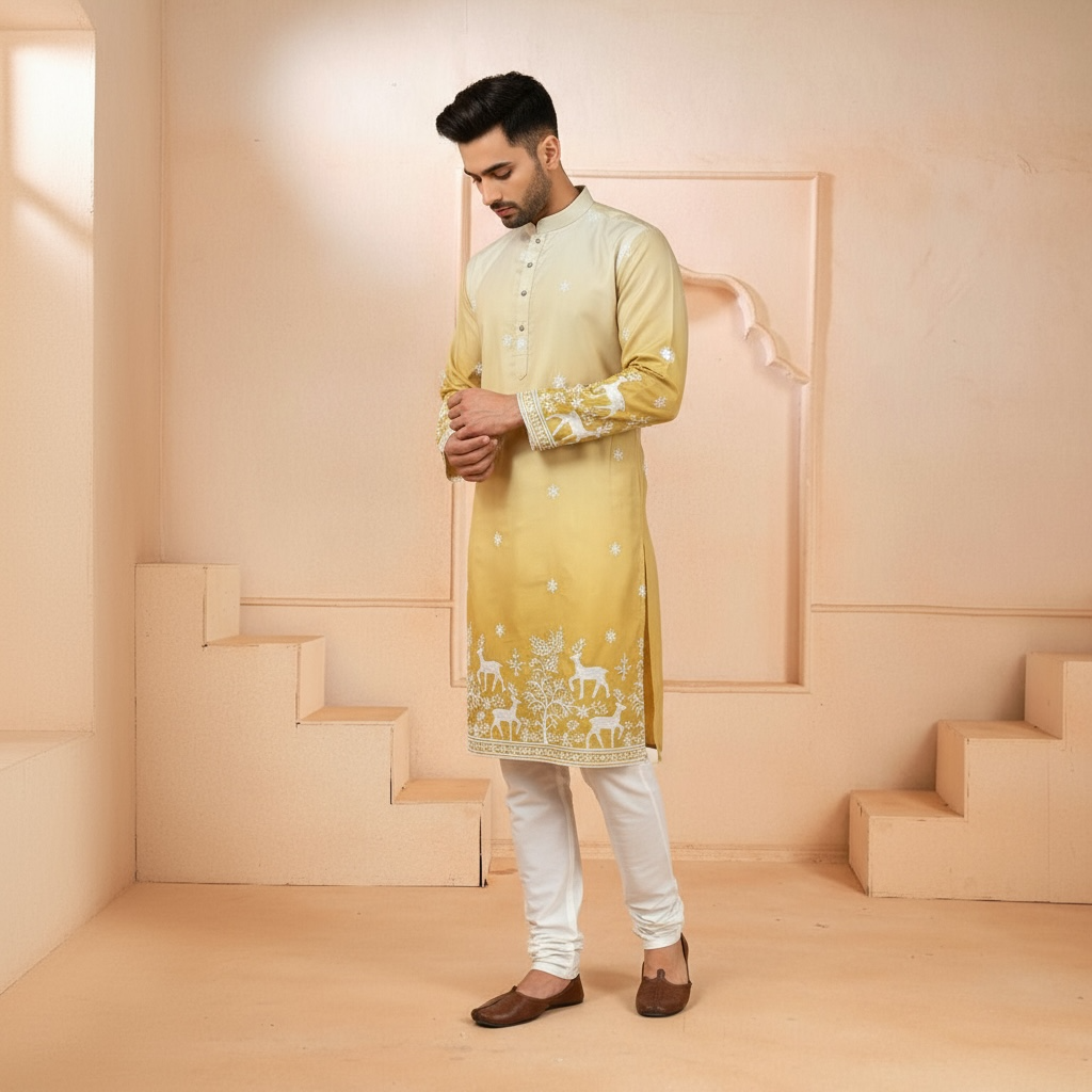 "Janak" Premium quality embroidery kurta in shaded pattern.