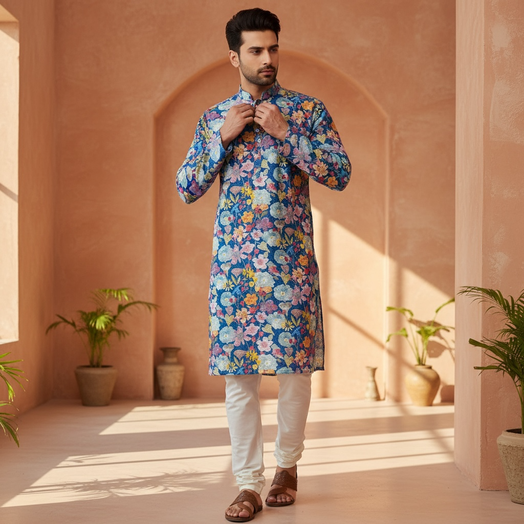 "Dev" Blue Floral Embroidered Cotton Kurta for Men with Thread & Sequins Work
