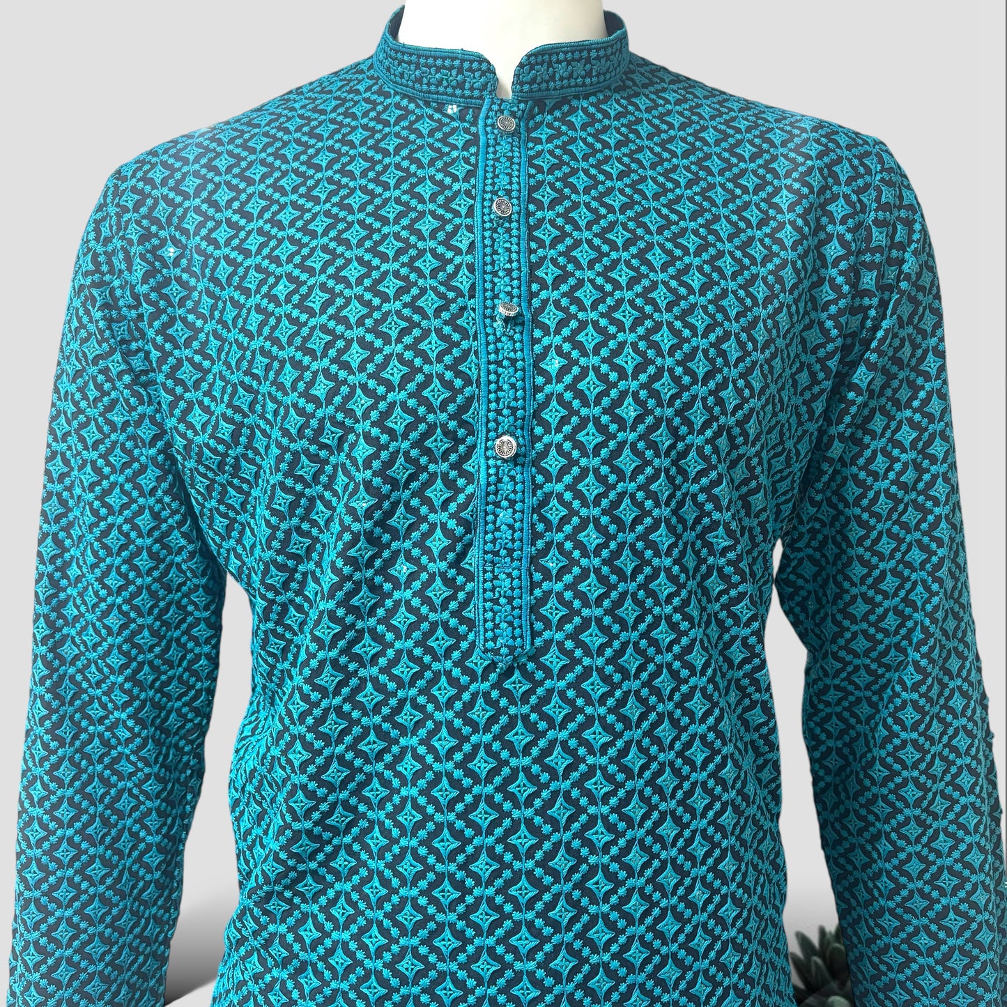 "Jairaj" Premium black rayon kurta with contrast thread work.