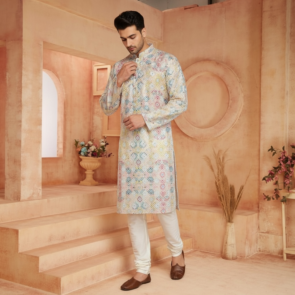 "Naksh" Premium digital printed cotton kurta with thread and sequins embroidery.