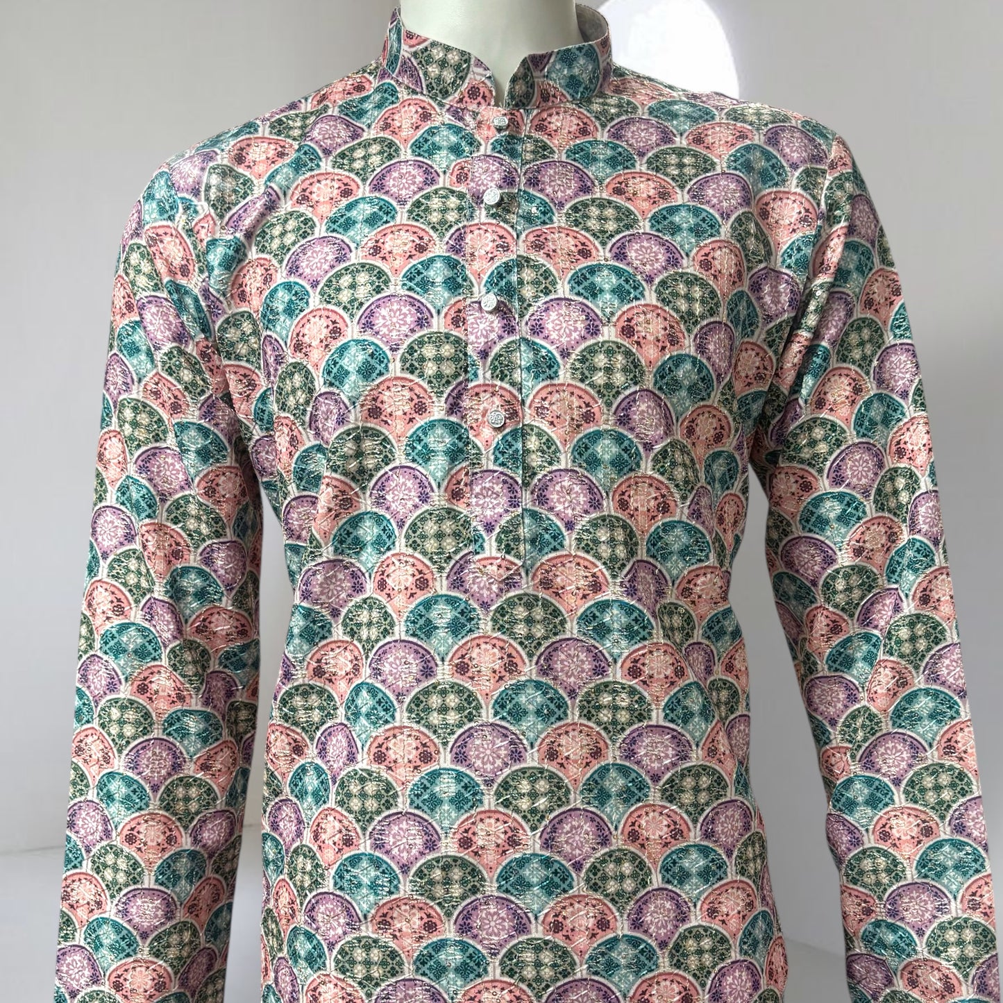 "Veer" Premium digital printed kurta with thread and sequins embroidery.