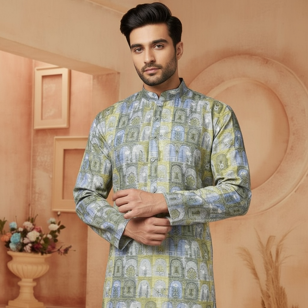 "Kush" Premium digital printed kurta with thread and sequins embroidery.