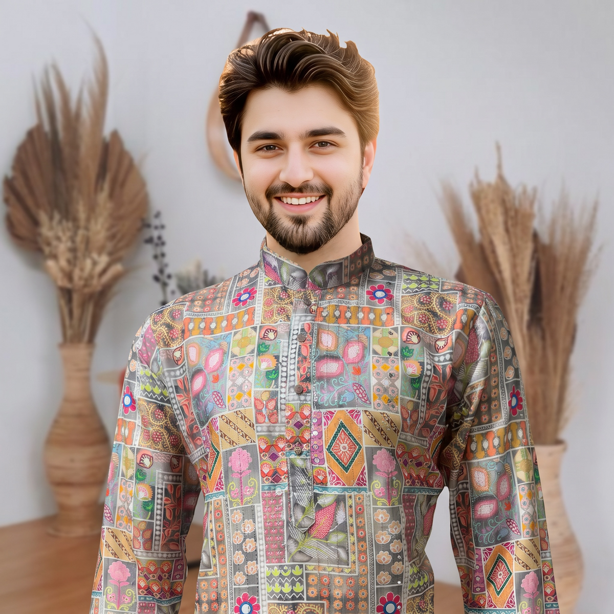 "Kunal" Premium digital printed kurta with thread and sequins embroidery.