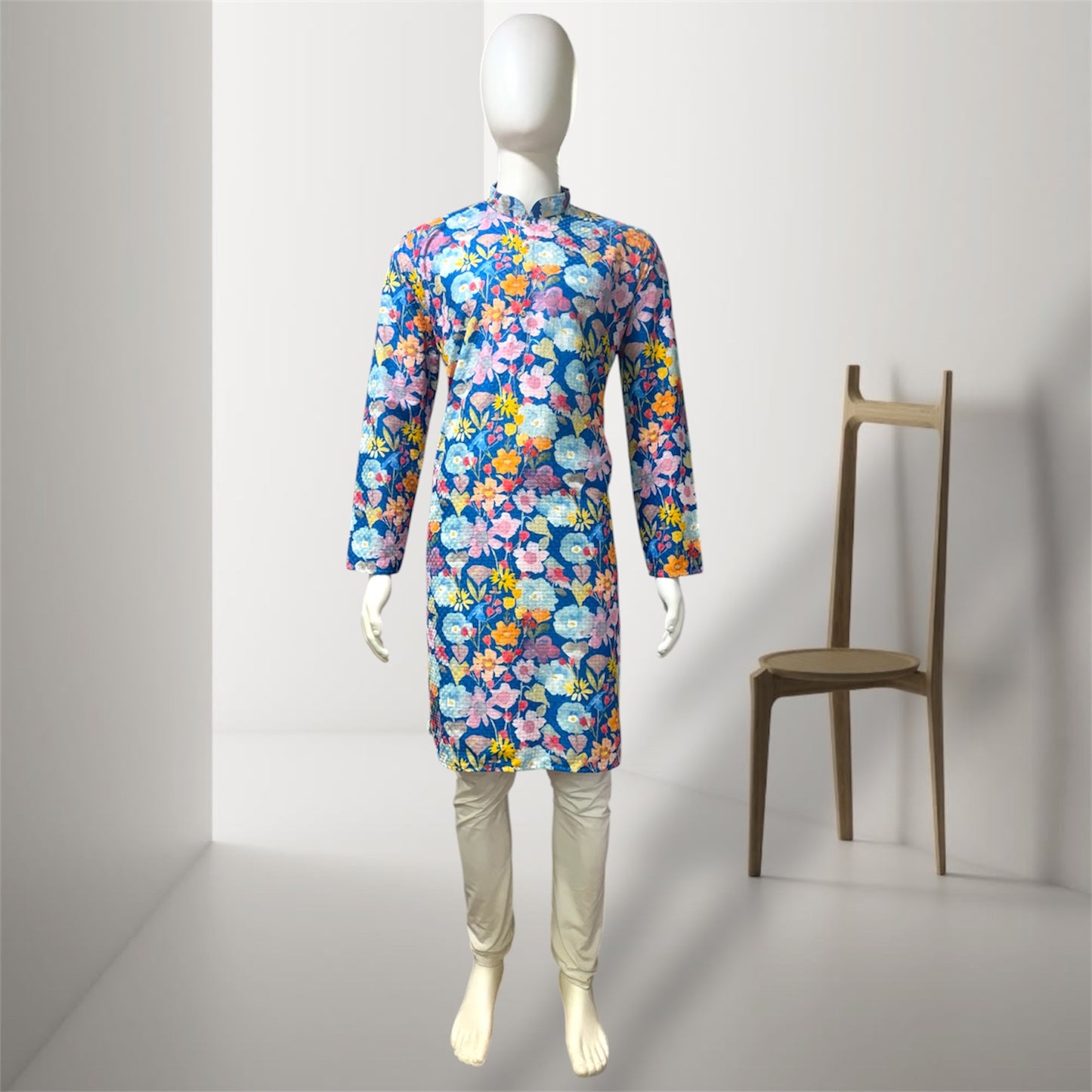 "Dev" Blue Floral Embroidered Cotton Kurta for Men with Thread & Sequins Work