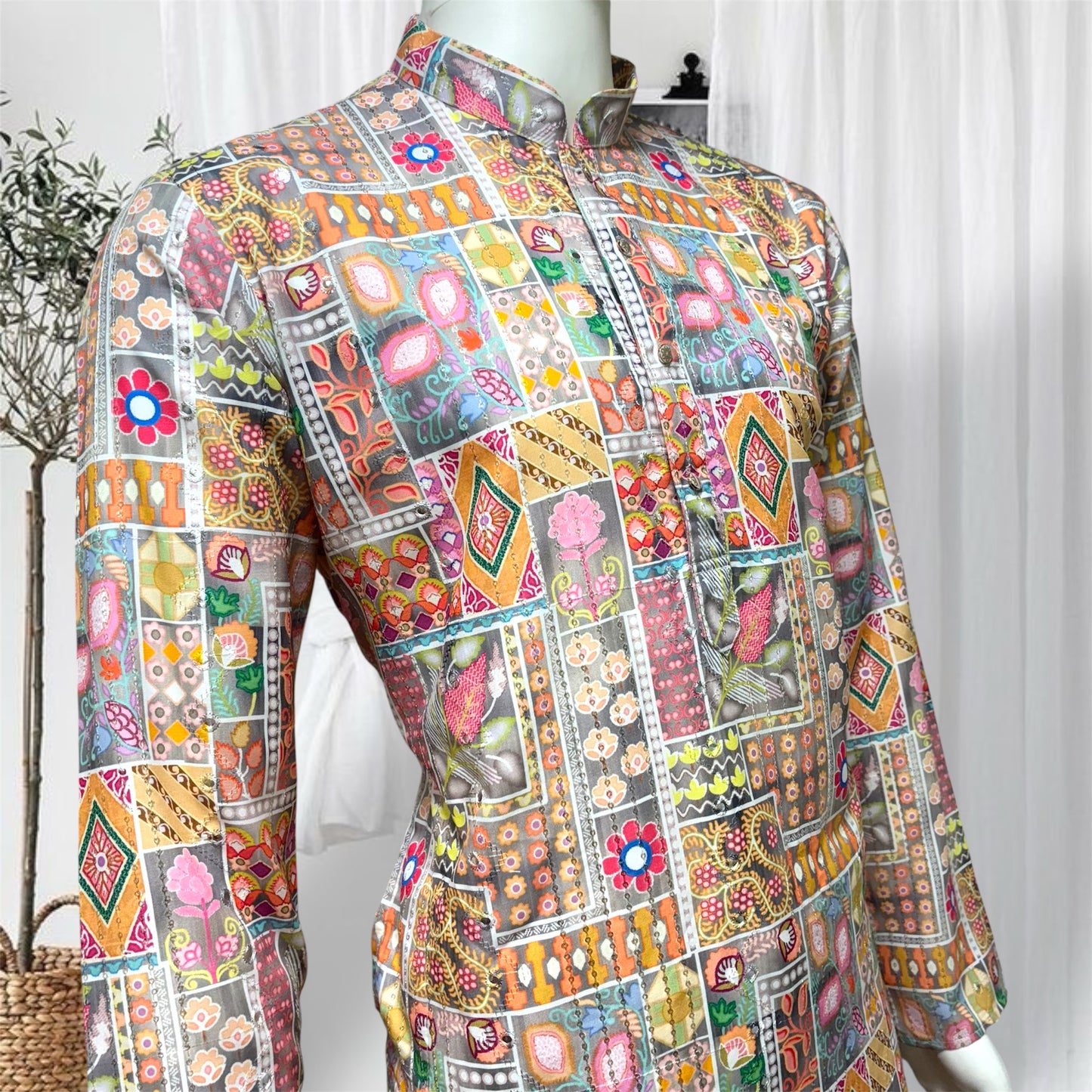 "Kunal" Premium digital printed kurta with thread and sequins embroidery.
