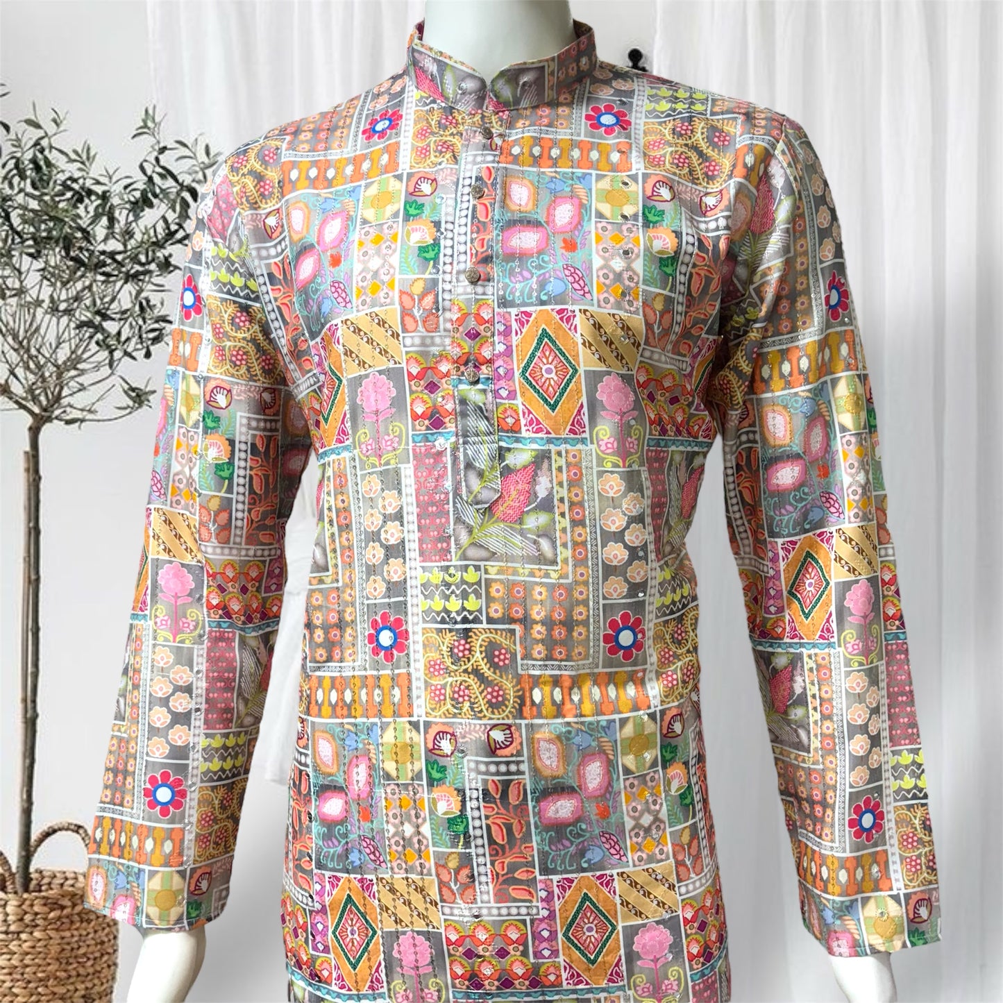 "Kunal" Premium digital printed kurta with thread and sequins embroidery.