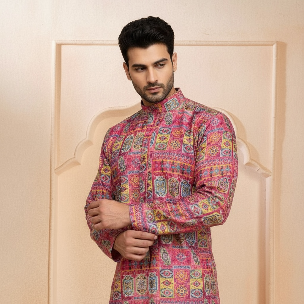 "Dheeraj" Premium digital printed kurta with thread and sequins work.