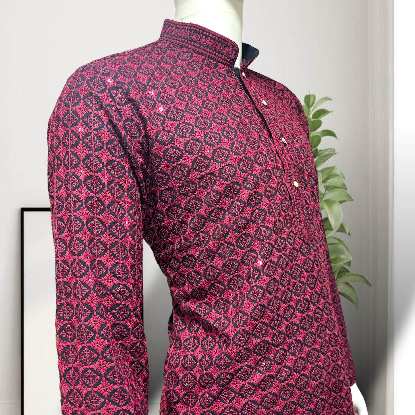 "Daksh" Black and Red Thread and Sequins Embroidery Kurta.