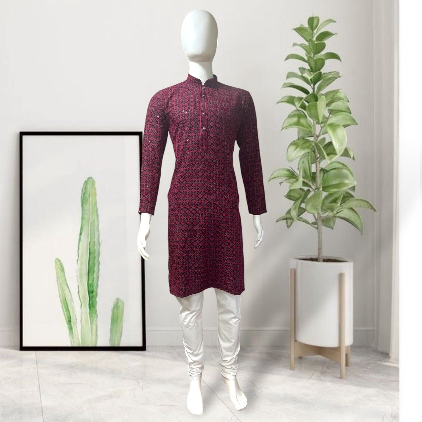 "Daksh" Black and Red Thread and Sequins Embroidery Kurta.
