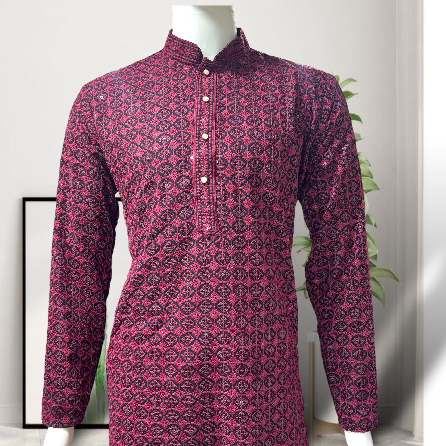 "Daksh" Black and Red Thread and Sequins Embroidery Kurta.