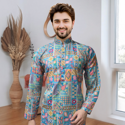 "Kunal" Premium digital printed kurta with thread and sequins embroidery.