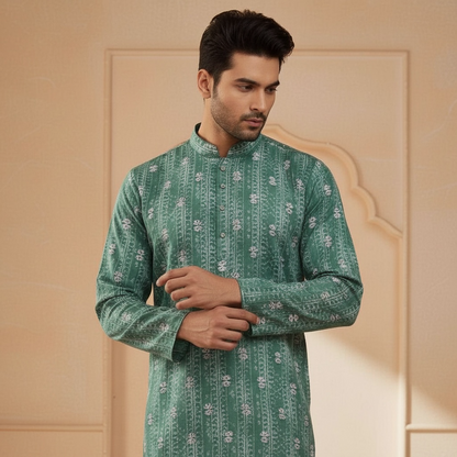 "Jash" Premium digital printed kurta with white thread embroidery butti and lining.