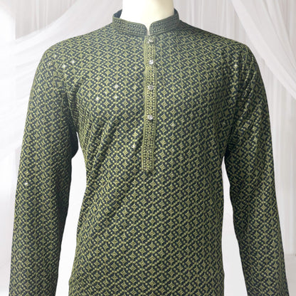 "Jairaj" Premium black rayon kurta with contrast thread work.