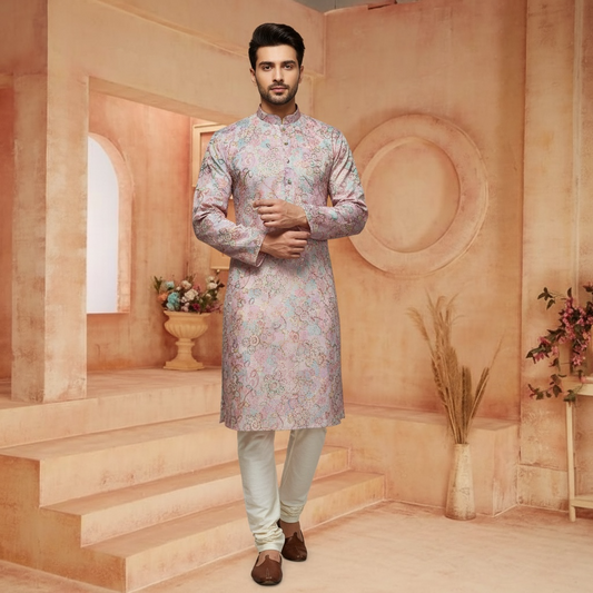 "Ranveer" Premium digital printed kurta with thread and sequins embroidery.
