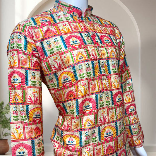 "Shiva" Premium digital printed kurta with thread and sequins embroidery.