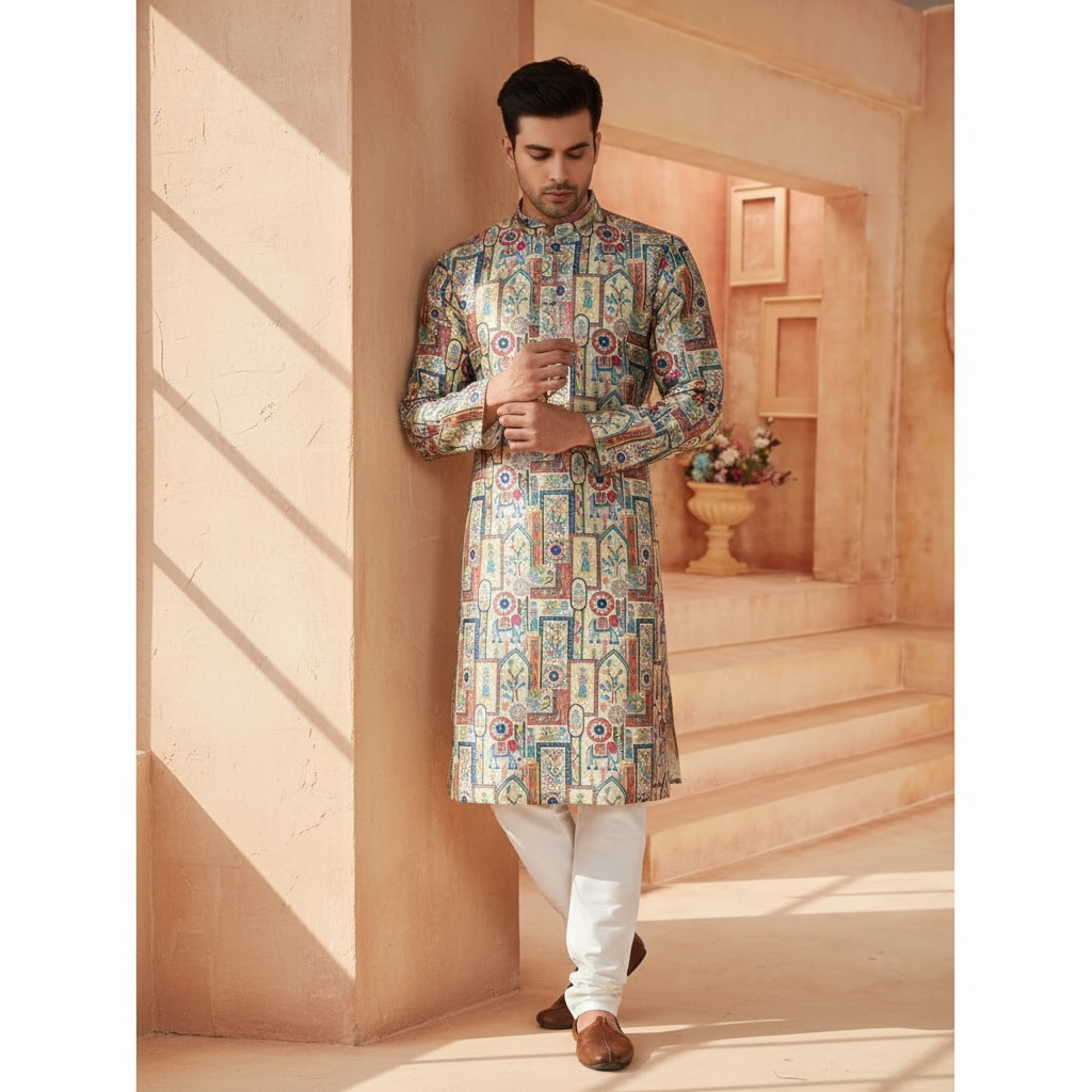 "Reyansh" Premium jacquard silk digital printed kurta with lining.