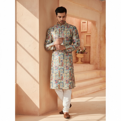 "Reyansh" Premium jacquard silk digital printed kurta with lining.