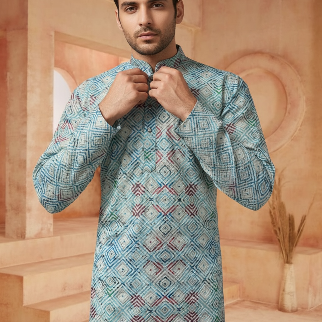 "Naksh" Premium digital printed cotton kurta with thread and sequins embroidery.