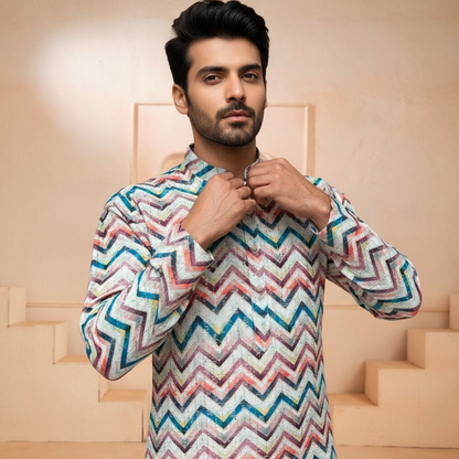 "Vihaan" Printed kurta with thread and sequins embroidery.