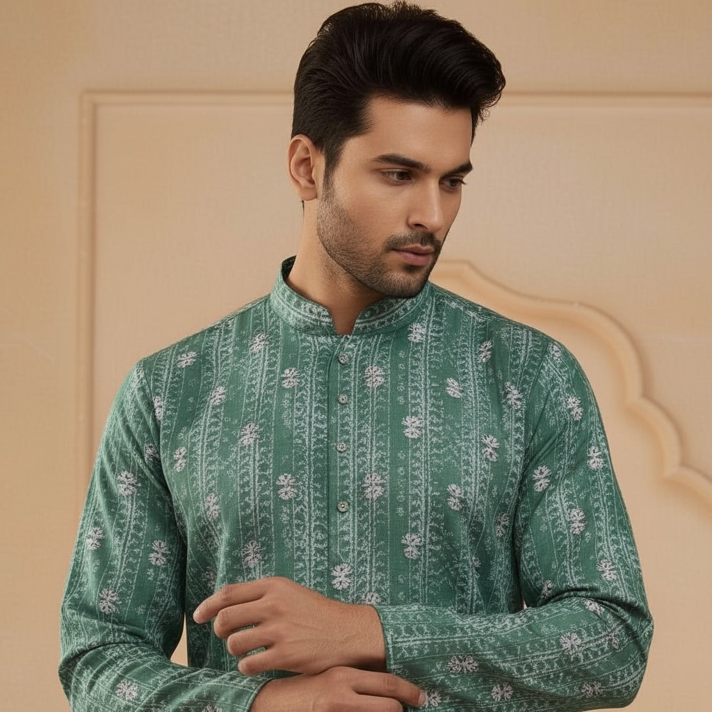 "Jash" Premium digital printed kurta with white thread embroidery butti and lining.