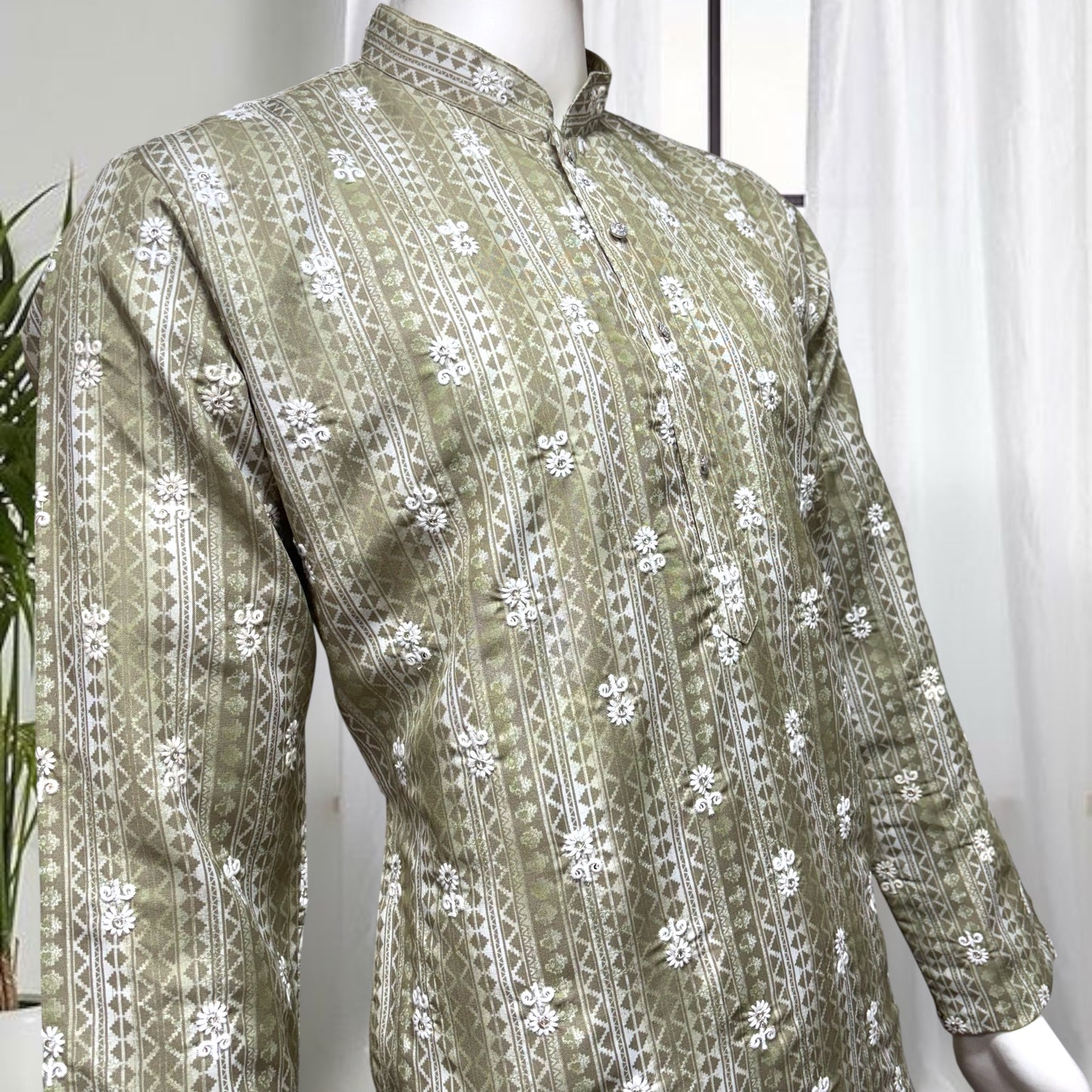 "Jash" Premium digital printed kurta with white thread embroidery butti and lining.