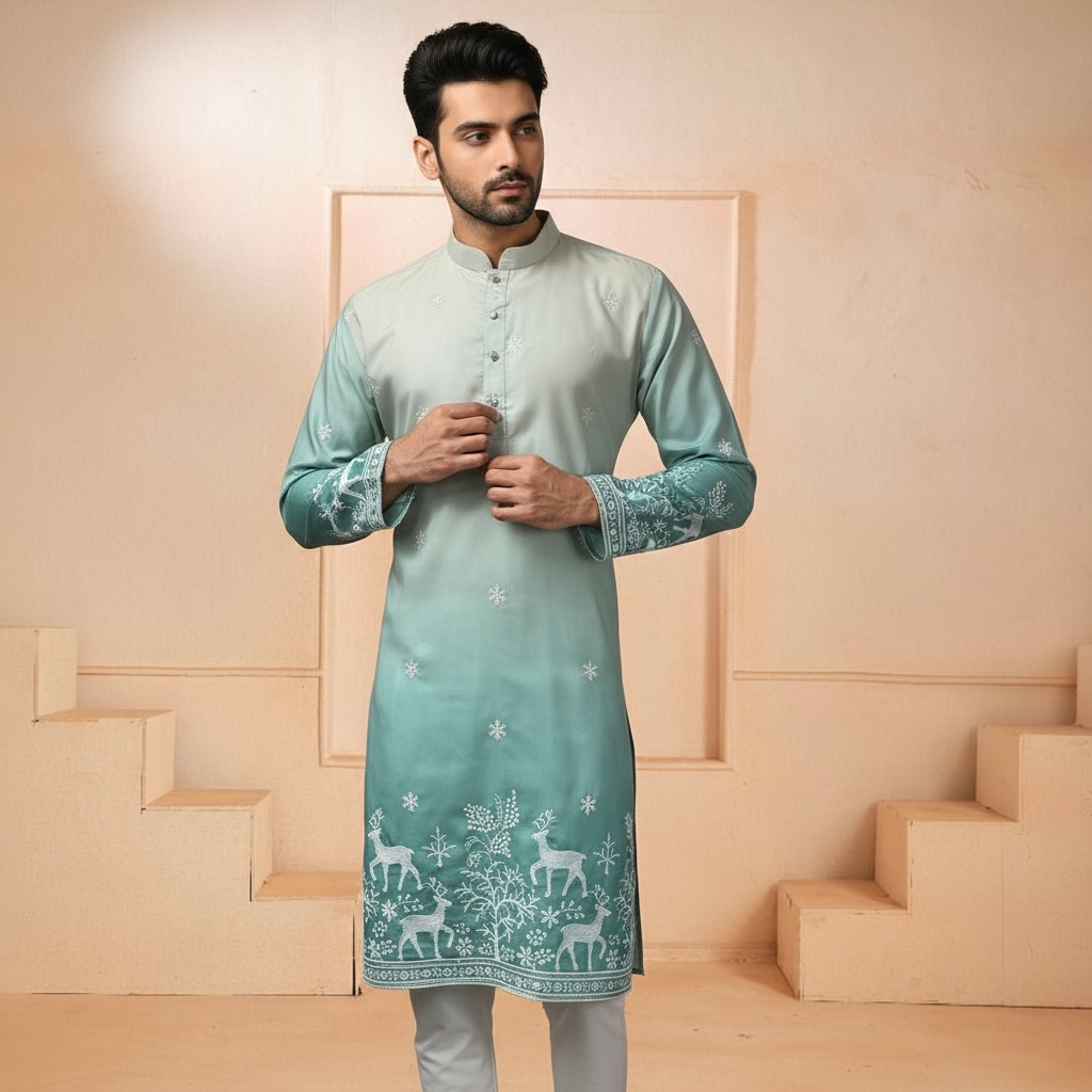 "Janak" Premium quality embroidery kurta in shaded pattern.