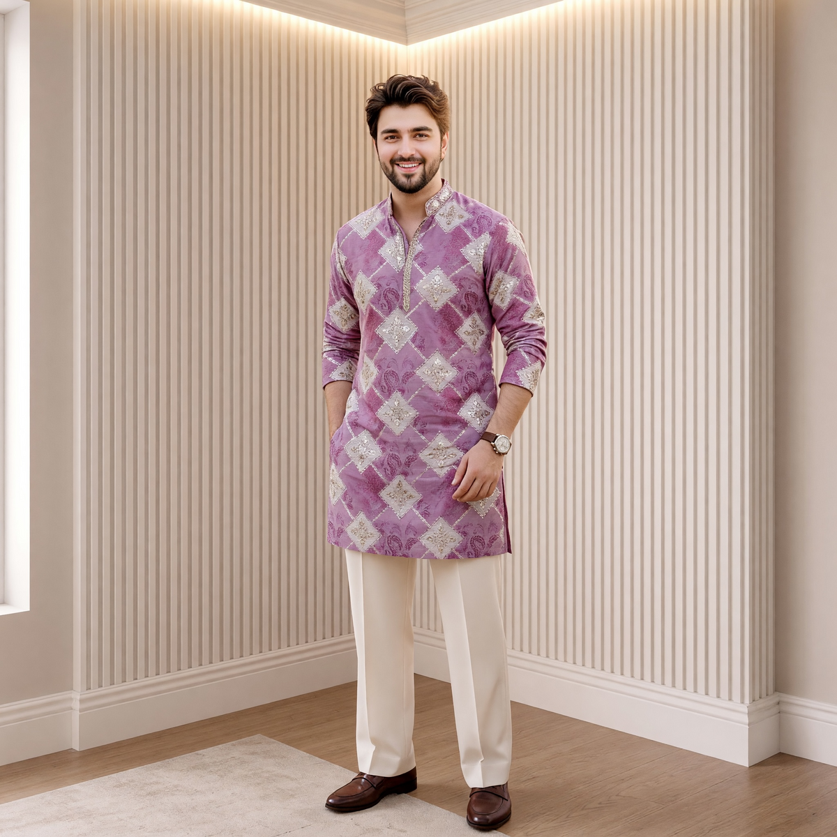 "Shree" Premium v neck thread ans sequins kurta with lining.(Wide pants included)