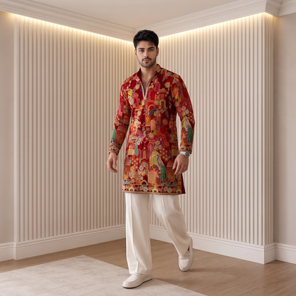 "Vivansh" Premium position printed short kurta with embroidery and lace.(wide pants included)