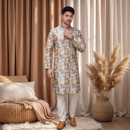 "Reyansh" Premium jacquard silk digital printed kurta with lining.