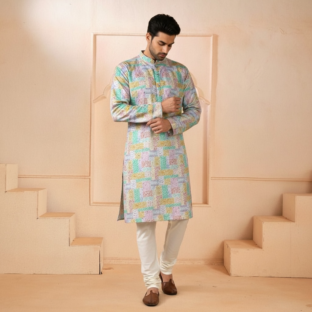 Blue Block Design Printed Kurta