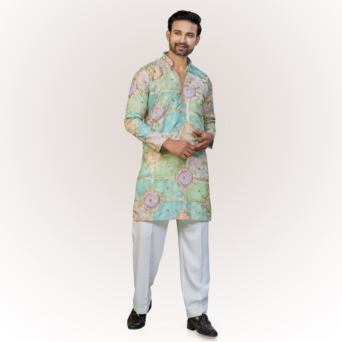 "Anay" Premium digital printed v neck kurta with thread and sequins embroidery.(wide pants included)