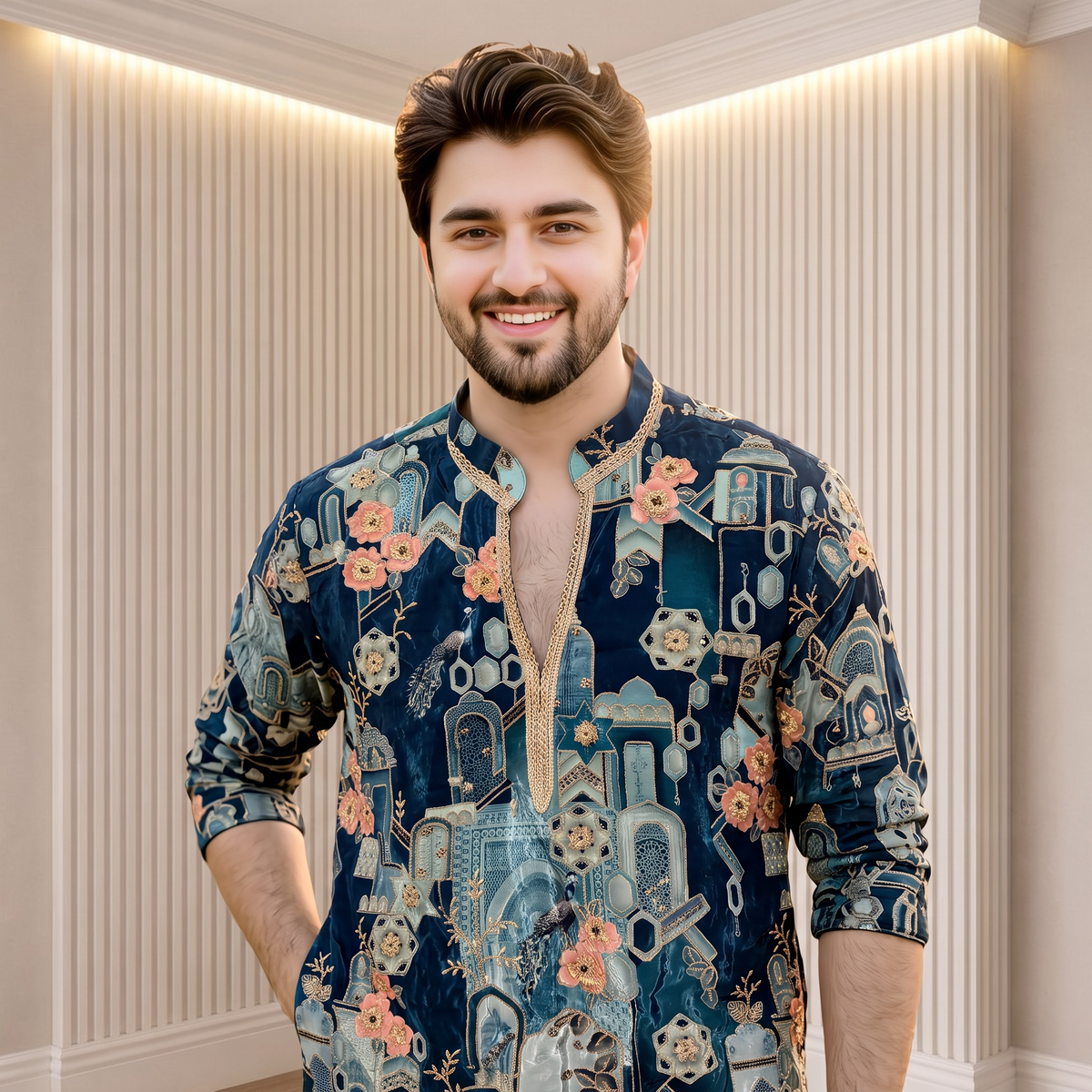 "Vivansh" Premium position printed short kurta with embroidery and lace.(wide pants included)