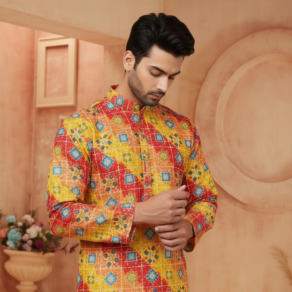 "Kushal" Premium digital printed kurta with thread and sequins work.