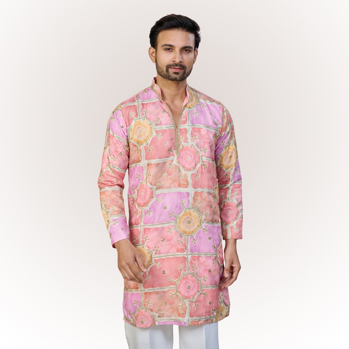 "Anay" Premium digital printed v neck kurta with thread and sequins embroidery.(wide pants included)