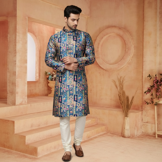 "Reyansh" Premium jacquard silk digital printed kurta with lining.