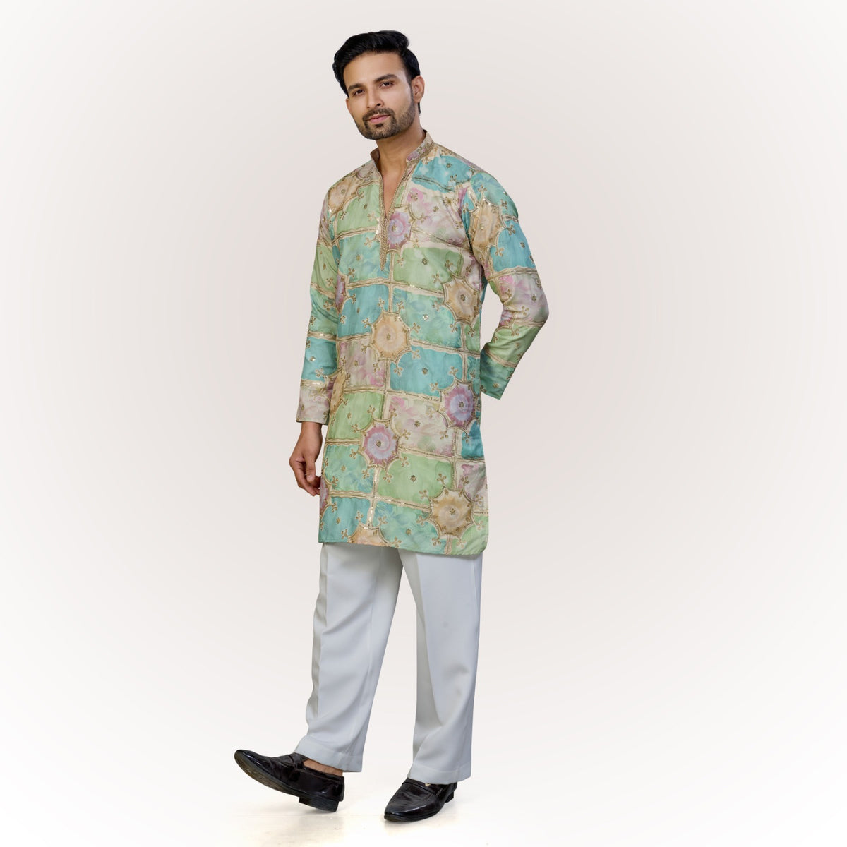 "Anay" Premium digital printed v neck kurta with thread and sequins embroidery.(wide pants included)