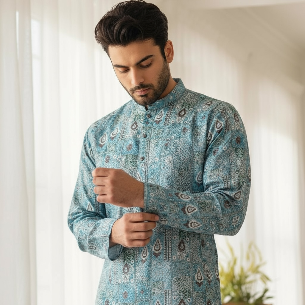 "Jeet" Premium digital printed fabric with thread and sequins embroidery.