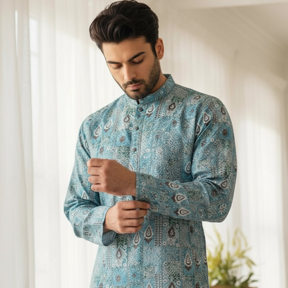 "Jeet" Premium digital printed fabric with thread and sequins embroidery.