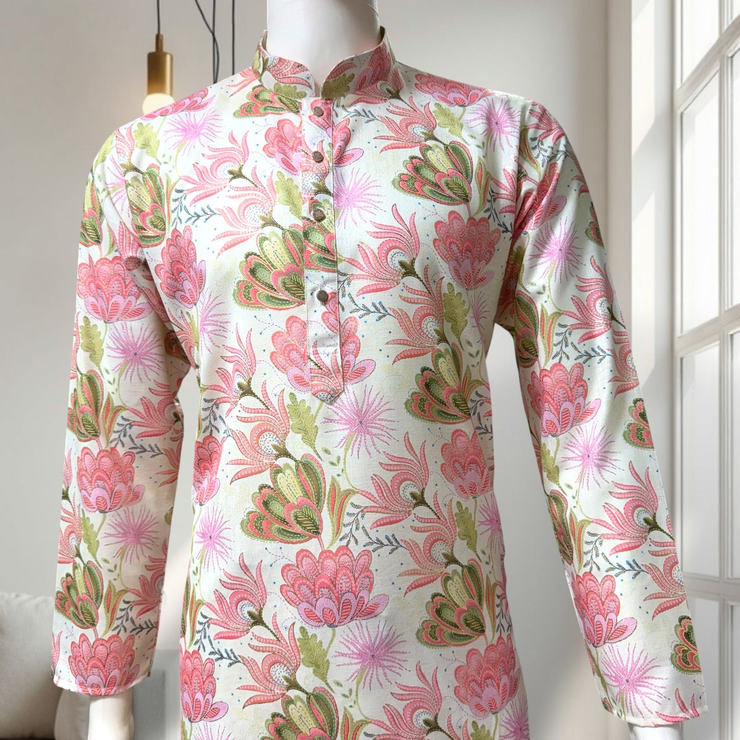"Kavish" Premium floral digital and foil printed linen kurta.