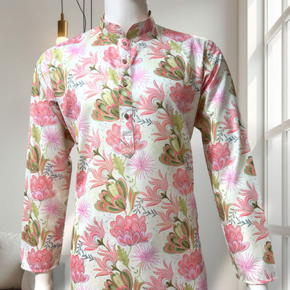 "Kavish" Premium floral digital and foil printed linen kurta.
