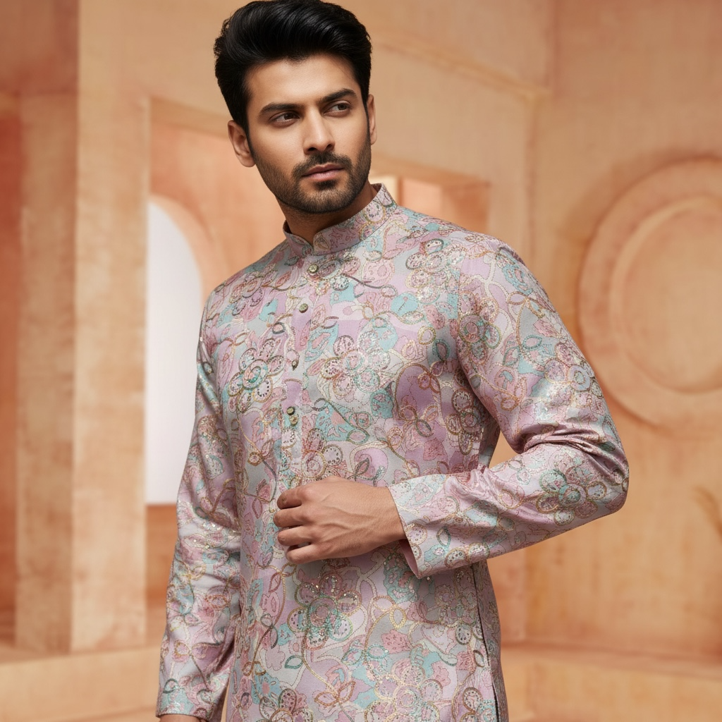 "Ranveer" Premium digital printed kurta with thread and sequins embroidery.