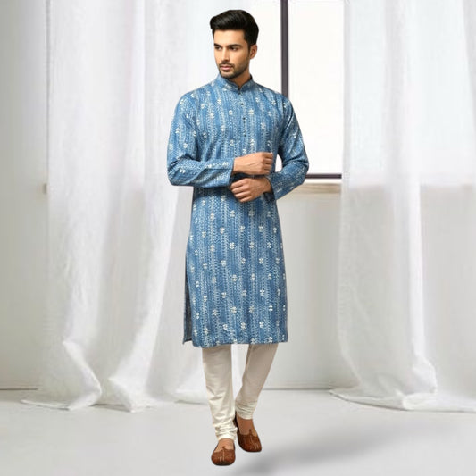 "Jash" Premium digital printed kurta with white thread embroidery butti and lining.