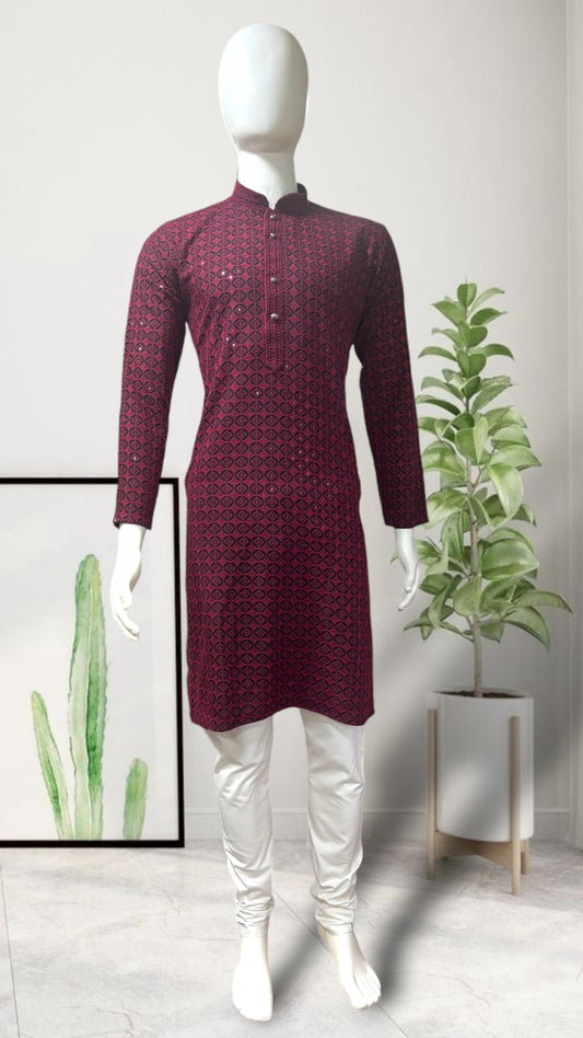 "Daksh" Black and Red Thread and Sequins Embroidery Kurta.