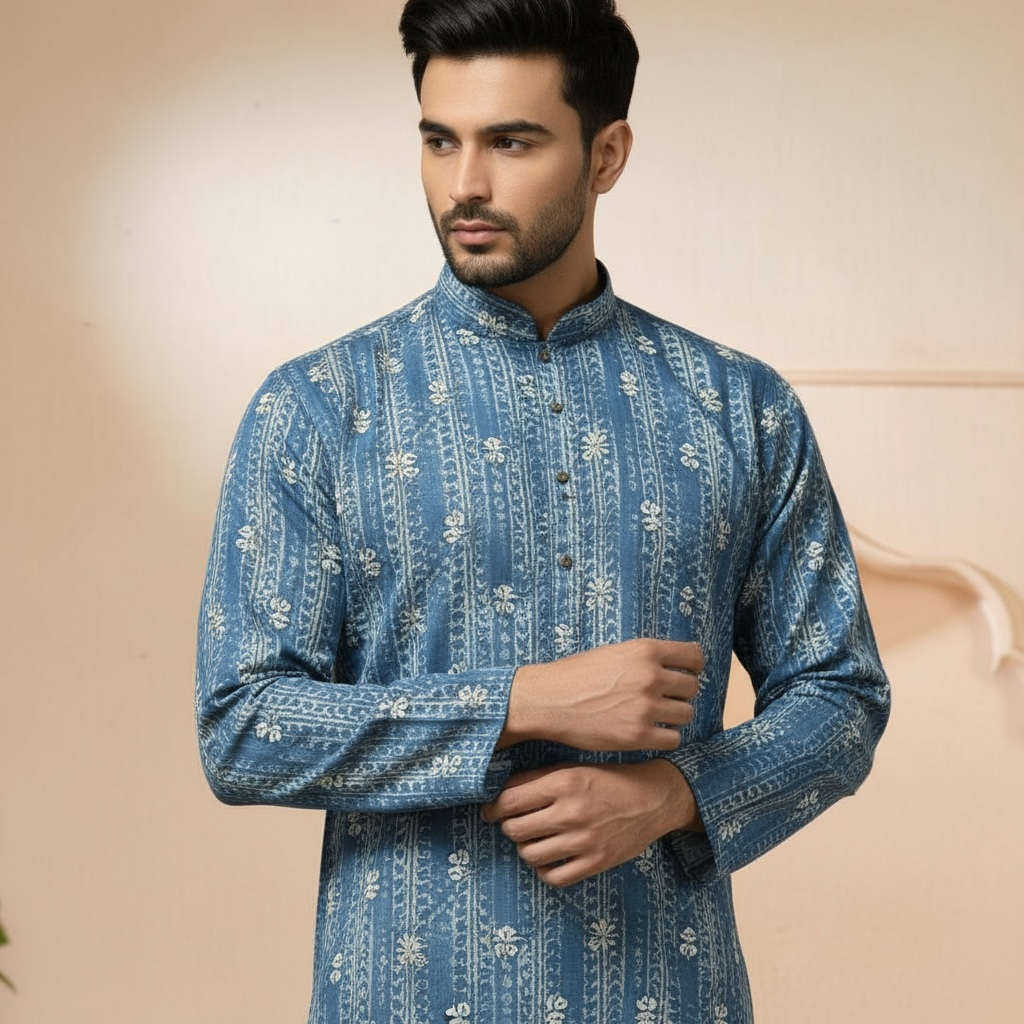 "Jash" Premium digital printed kurta with white thread embroidery butti and lining.