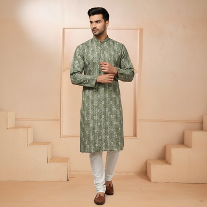 "Jash" Premium digital printed kurta with white thread embroidery butti and lining.