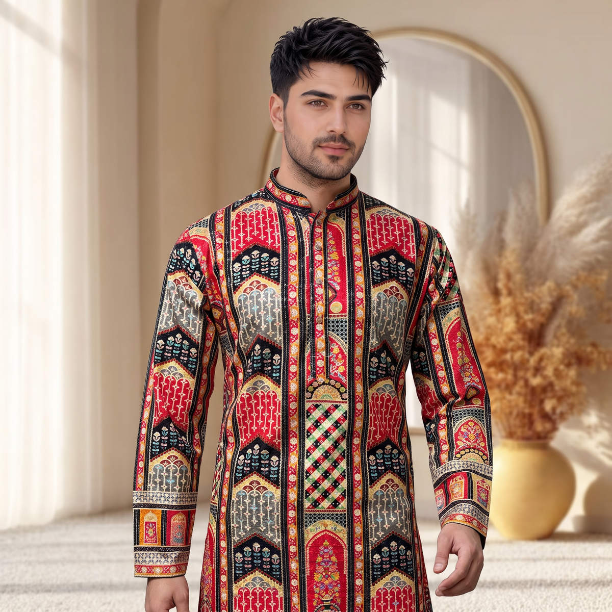 "Akshay" Premium digital printed kurta with thread embroidery.