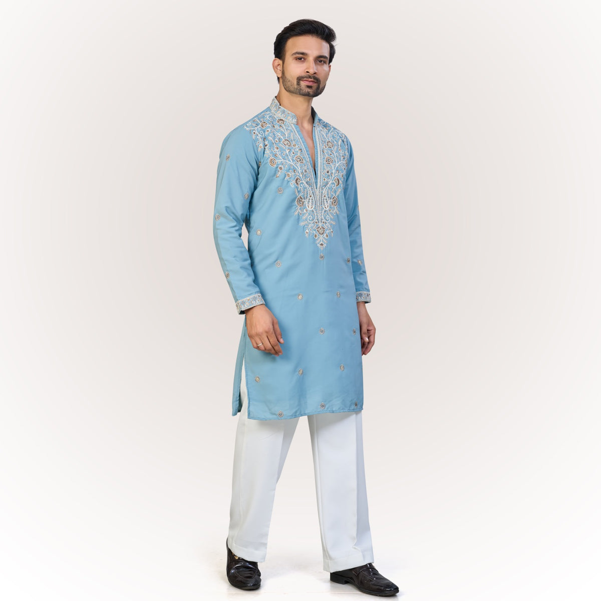 "Pranay" Premium hand embroidery v neck kurta.