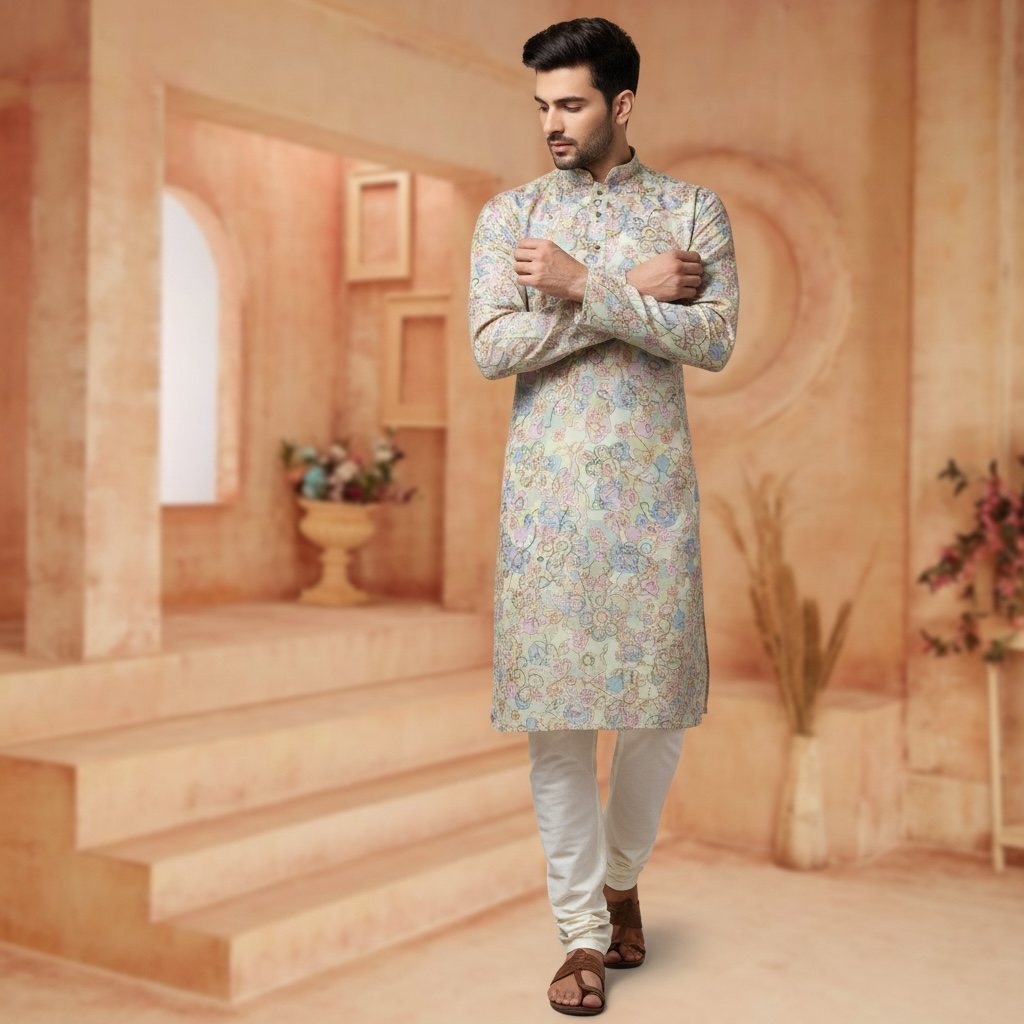 "Ranveer" Premium digital printed kurta with thread and sequins embroidery.